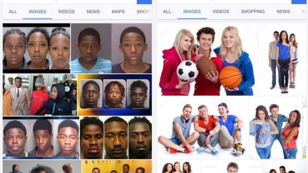 Google image searches for 'three black teenagers' and 'three white teenagers' reveal very different results.