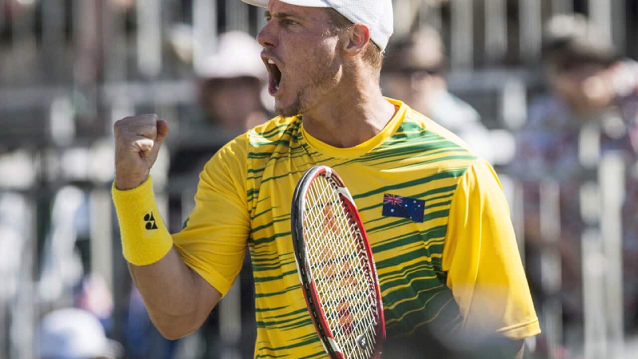 Lleyton Hewitt of Australia celebrates during the Davis Cup