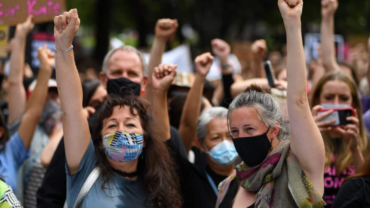 Protesters gather during the Women's March 4 Justice in Melbourne.