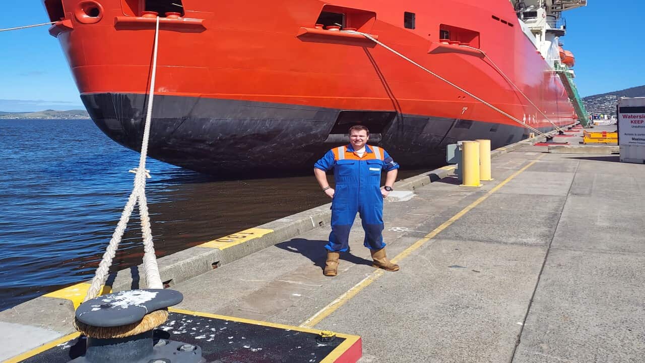 Damen engineer Michiel Schittekat in front of Nuyina, Hobart (TAS)