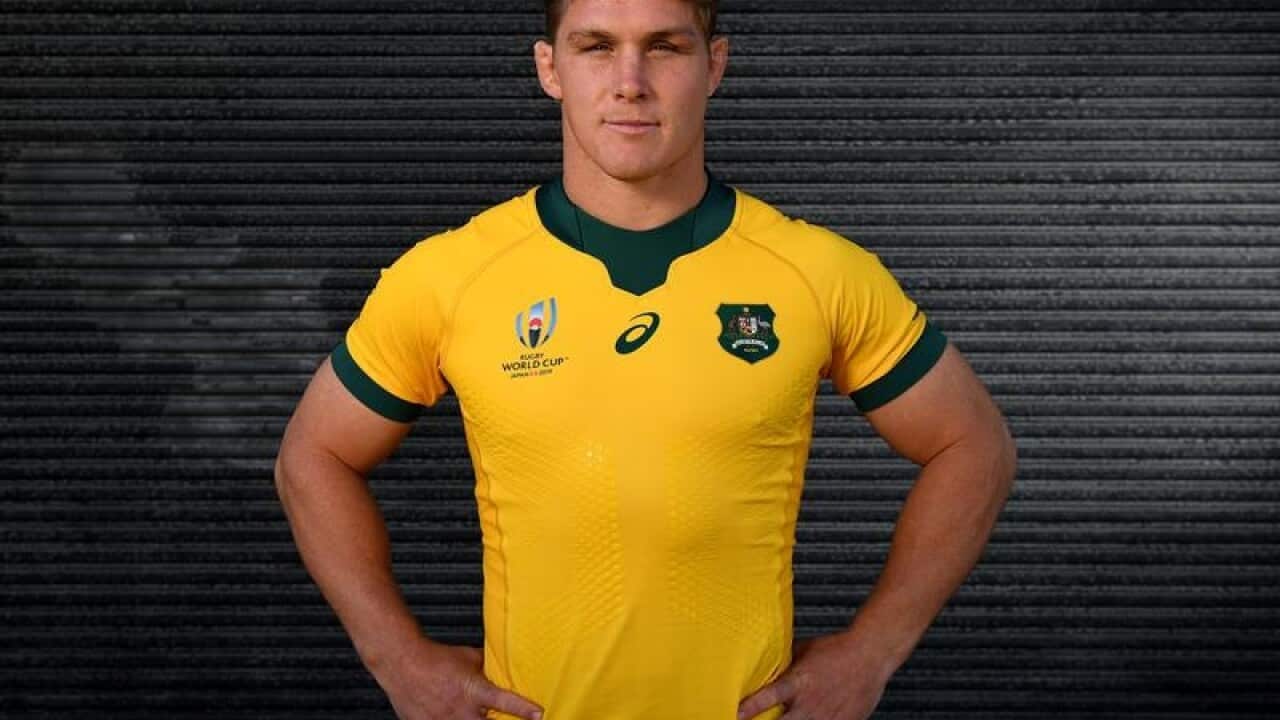 Skipper Michael Hooper models the new Wallabies jumper