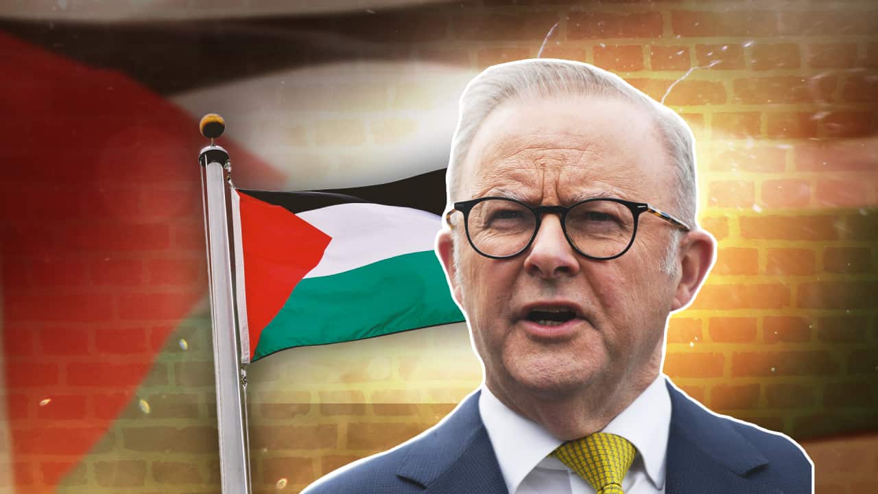 A graphic of the Australian prime minister next to a Palestinian flag