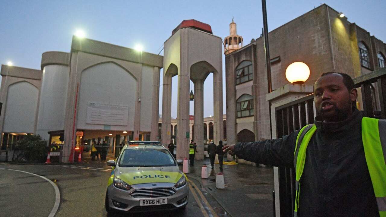 Police outside London Central Mosque in Regent's Park, where officers have arrested a man on suspicion of attempted murder.