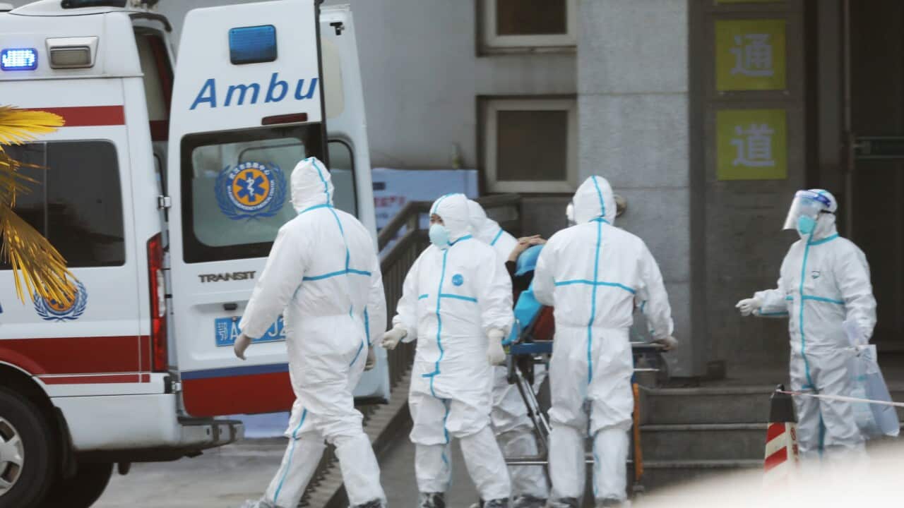 Medical staff transfer patients to Jinyintan hospital where patients infected with a new strain of coronavirus are treated in Wuhan, Hubei province, China.