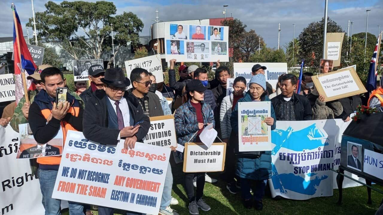 Members of the Cambodian diaspora have rallied in Melbourne calling for free and fair elections in Cambodia. (Phillippa Carisbrook SBS News).jpg