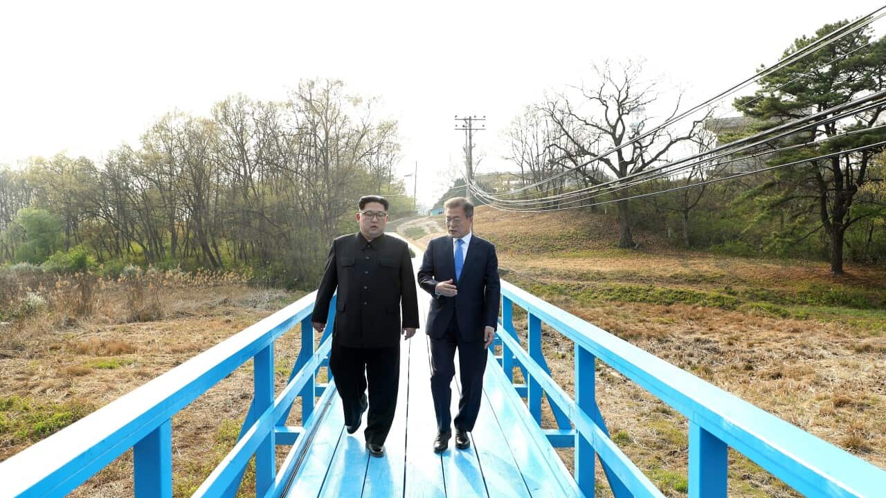 North Korean leader Kim Jong-Un talks with South Korean President Moon Jae-Inat the Peace House on Joint Security Area on the Demilitarized Zone.