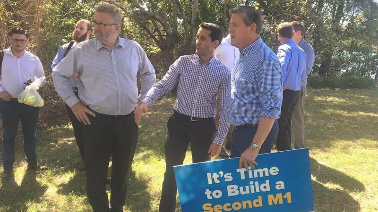 LNP candidate for Broadwater David Crisafulli (C), Tim Nicholls (R)