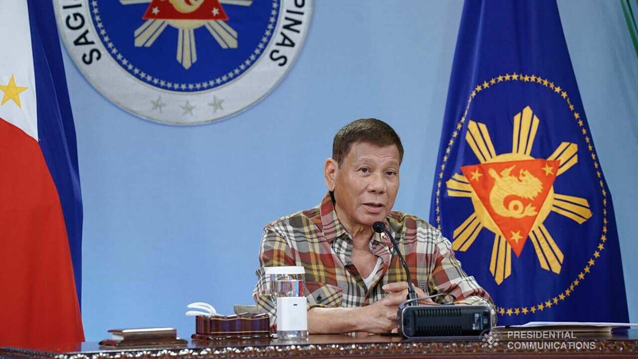 President Rodrigo Roa Duterte talks to the people after holding a meeting with the Inter-Agency Task Force