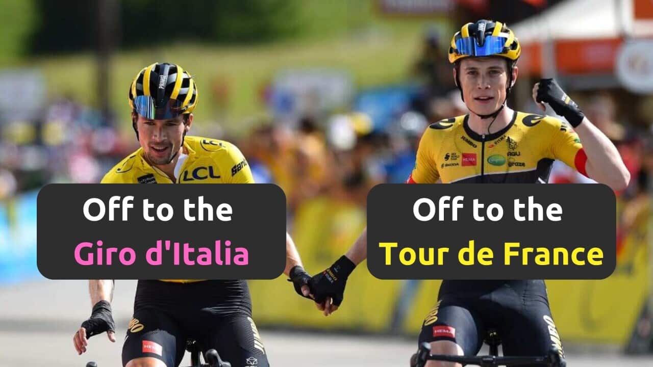 (L to R) Primoz Roglic and Jonas Vingegaard celebrate victory at the 2022 Criterium du Dauphine