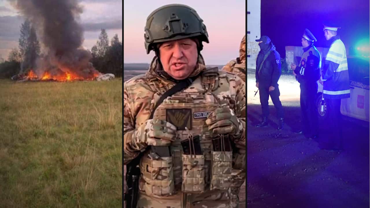 A split image. On the left is a plane wreckage on fire. In the middle is a man wearing military attire who is speaking. On the right are police standing in next to a police vehicle.