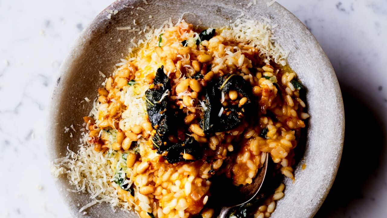 Roasted pumpkin risotto with browned butter, sage, orange and pine nuts