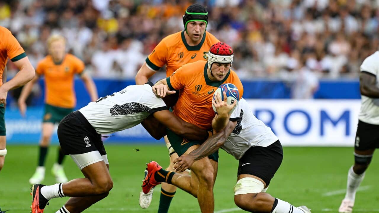 Fraser McReight of Australia during the Rugby World Cup Pool C match between Australia and Fiji at Stade Geoffroy-Guichard in Saint-Étienne, France, Monday, September 18, 2023.
