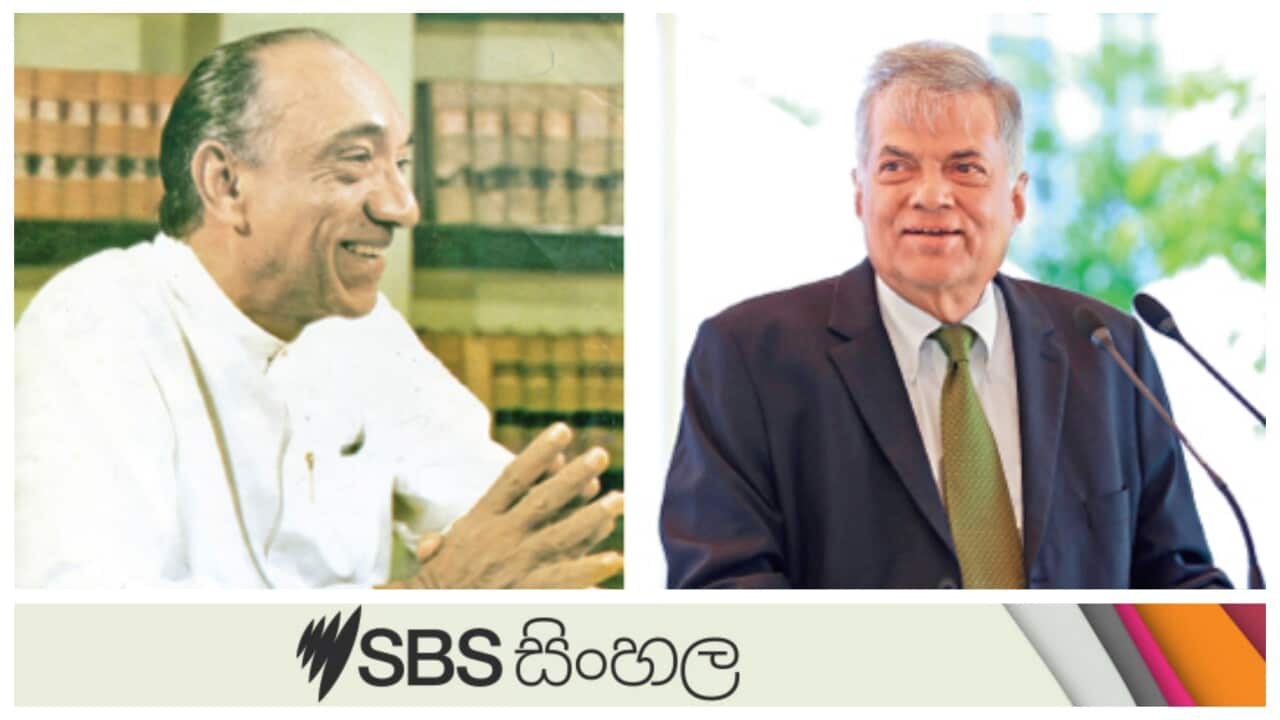 J.R. Jayawardhana_ Former president of Sri Lanka and Ranil Wickramasinghe_ current president of Sri Lanka