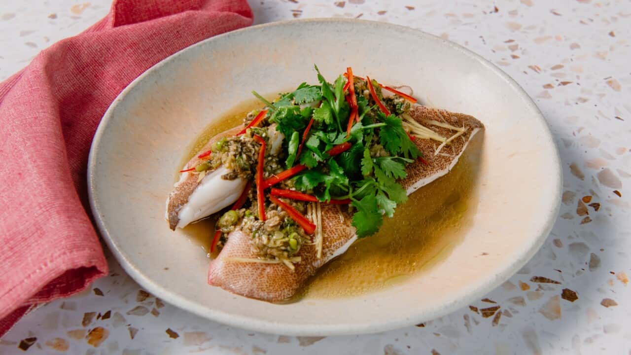 Coral trout with ginger, shallot & preserved olive greens relish