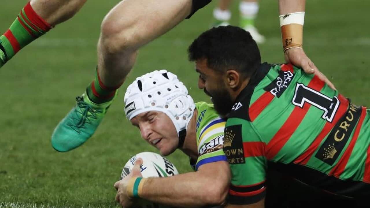Jarrod Croker of the Raiders scores a try