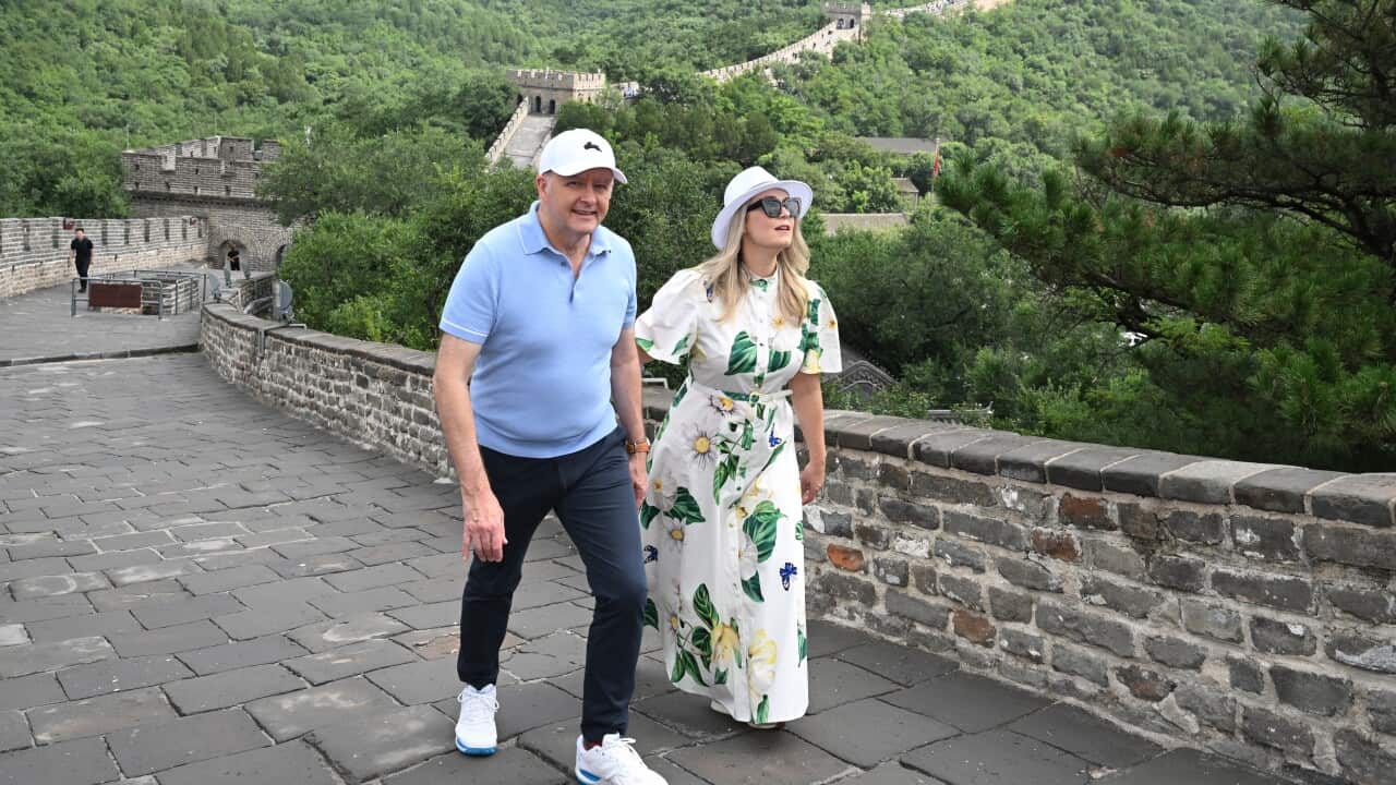 Prime Minister Anthony Albanese and partner Jodie Haydon at the Great Wall of China near Beijing, China, Wednesday, July 16, 2025.