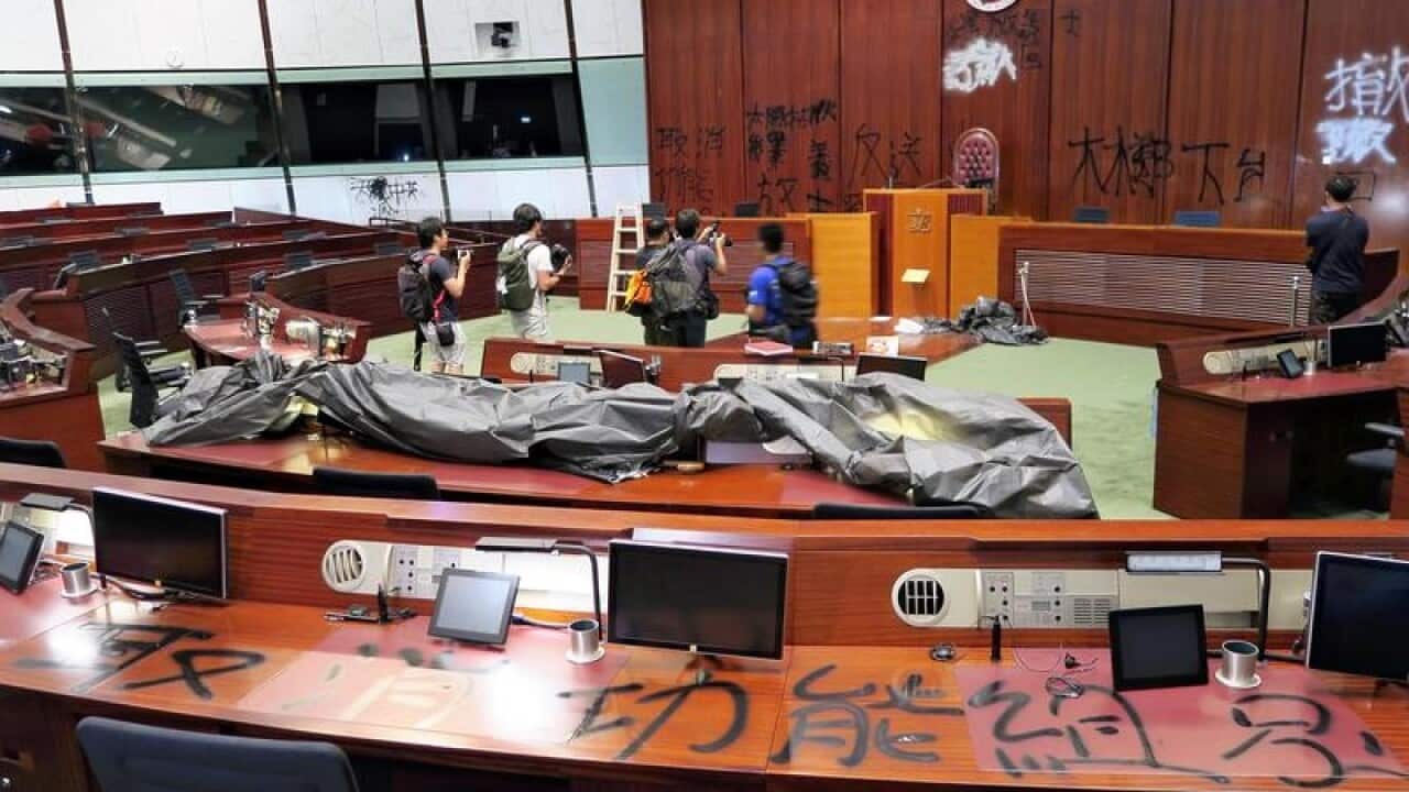 The Legislative Council chamber after it was vandalised by protesters.