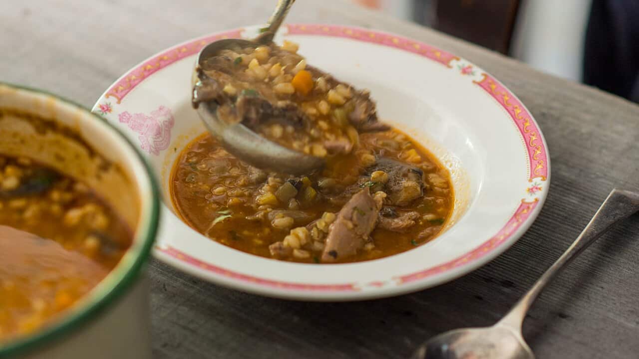 Lamb, barley and mushroom soup