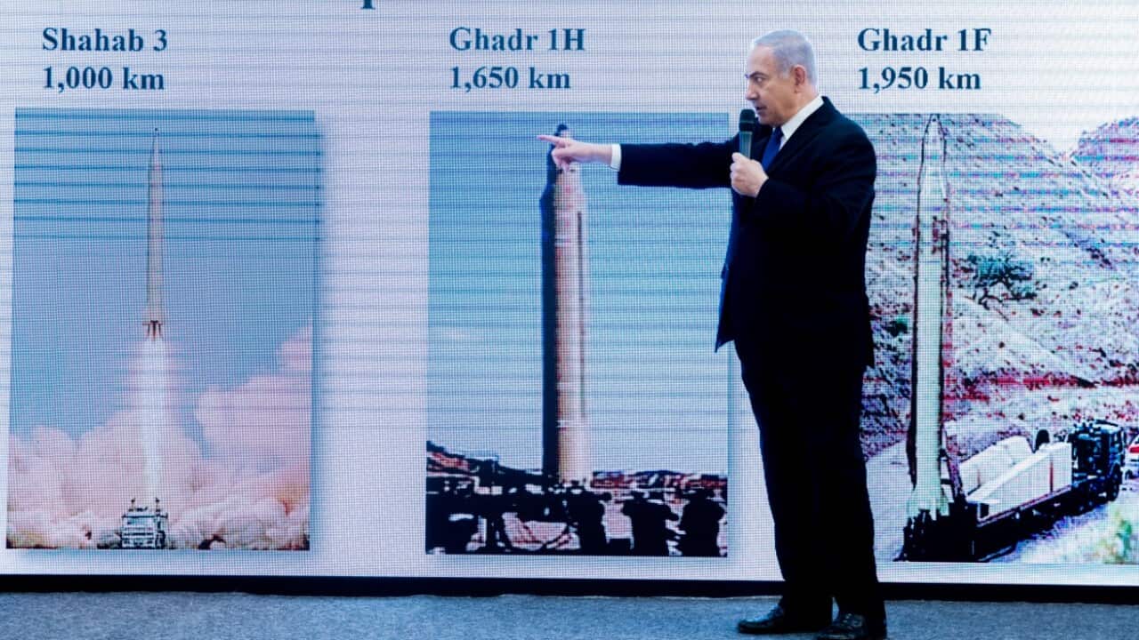 Israeli Prime Minister Benjamin Netanyahu as he describes how Iran has continued with its nuclear capabilities with the purpose of making atomic weapons