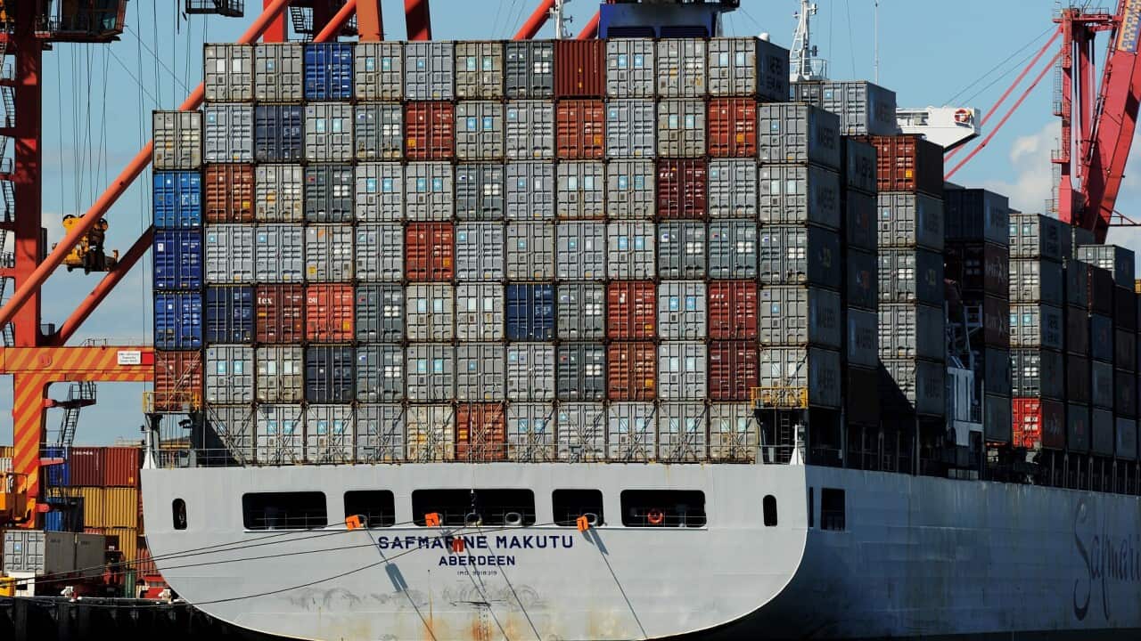 A container ship sitting berthed in Fremantle Harbour near Perth.