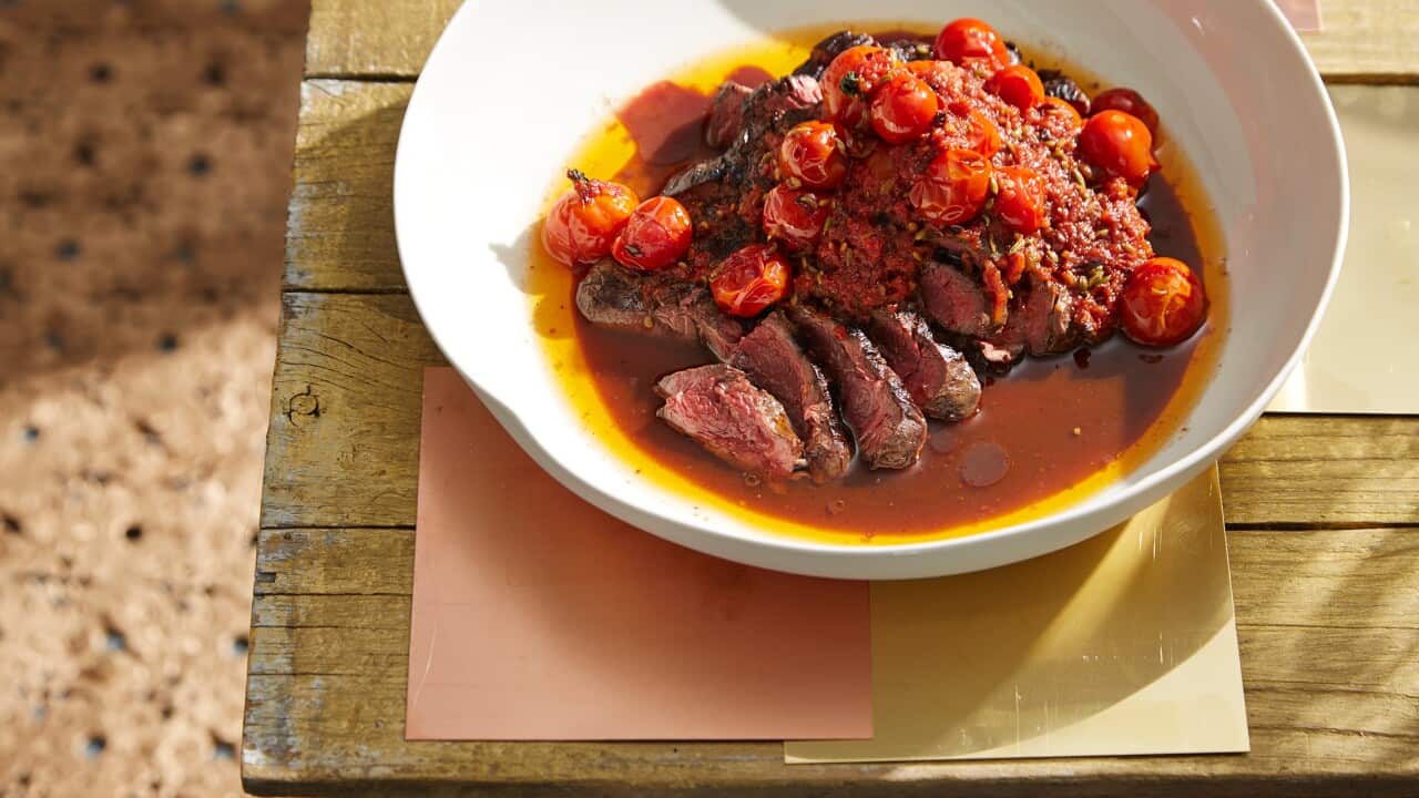Chargrilled hanger steak with fennel and chilli oil roasted cherry tomatoes