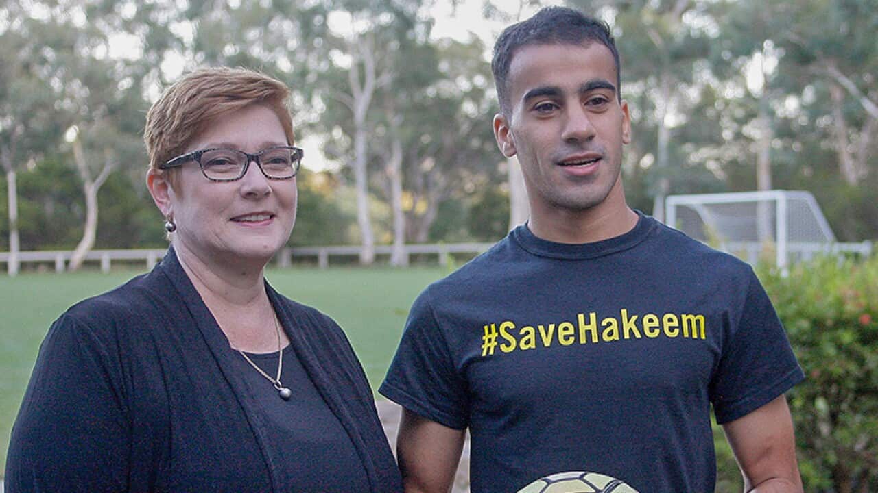 Australian Foreign Minister Marise Payne, left, and refugee soccer player Hakeem al-Araibi.