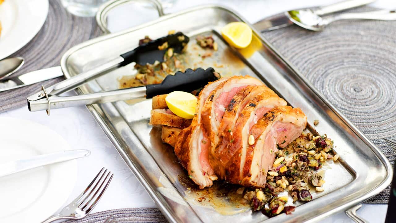 Lamb stuffed with lemon, pine nuts and caperberries