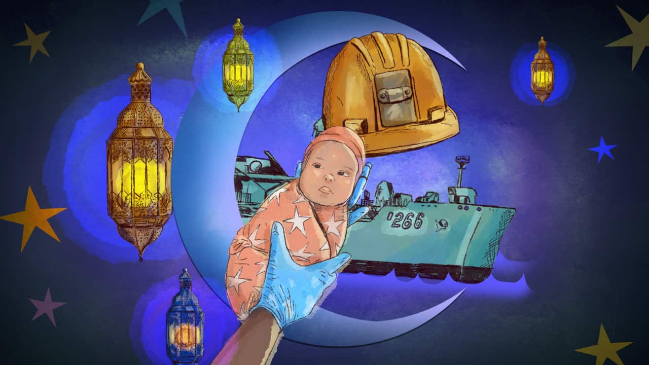 An artistic illustration featuring a hand in a blue glove holding a swaddled infant against a night sky background with a crescent moon, lanterns, a hard hat, and a ship.