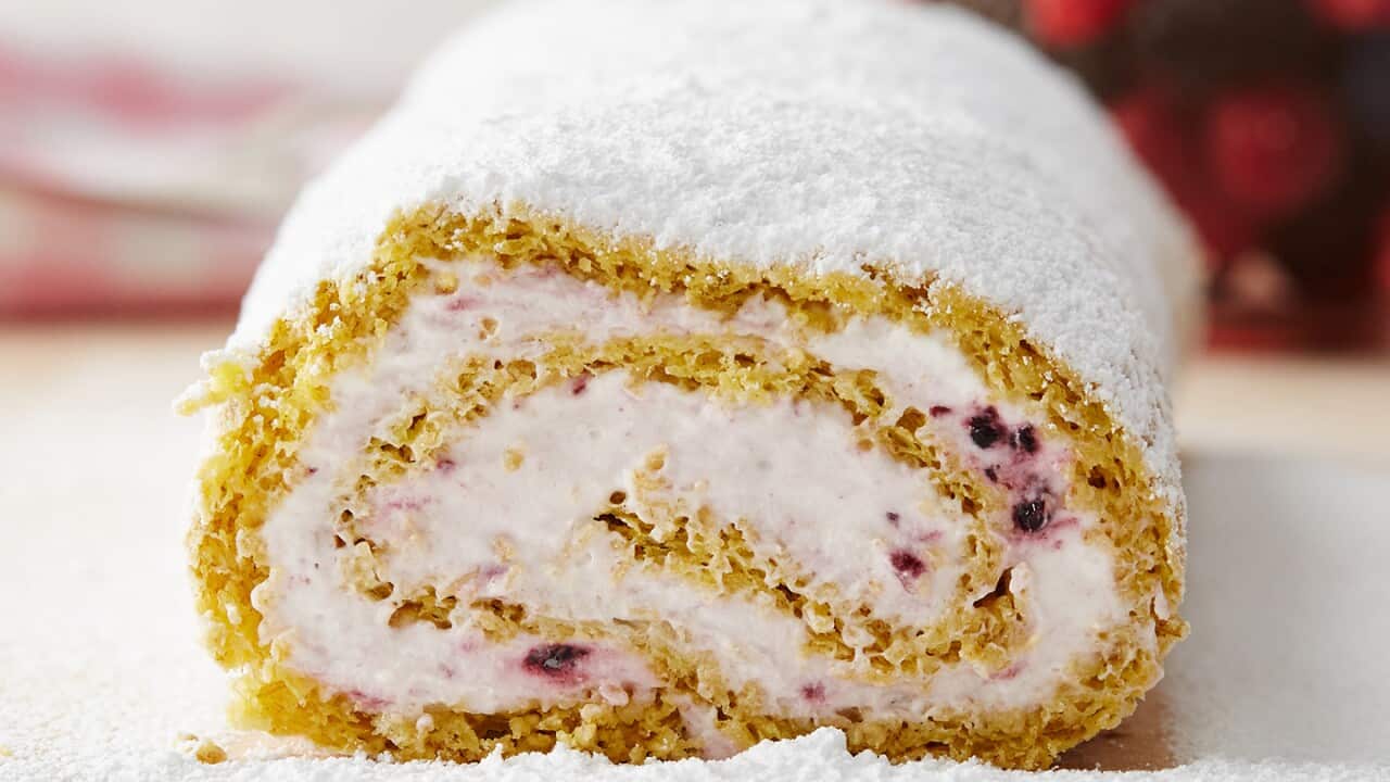 Seen from the end, a spiral of thin cake with a white filling, which has berry-coloured spots, sits on an icing sugar covered surface. The cake is also dusted with icing sugar.