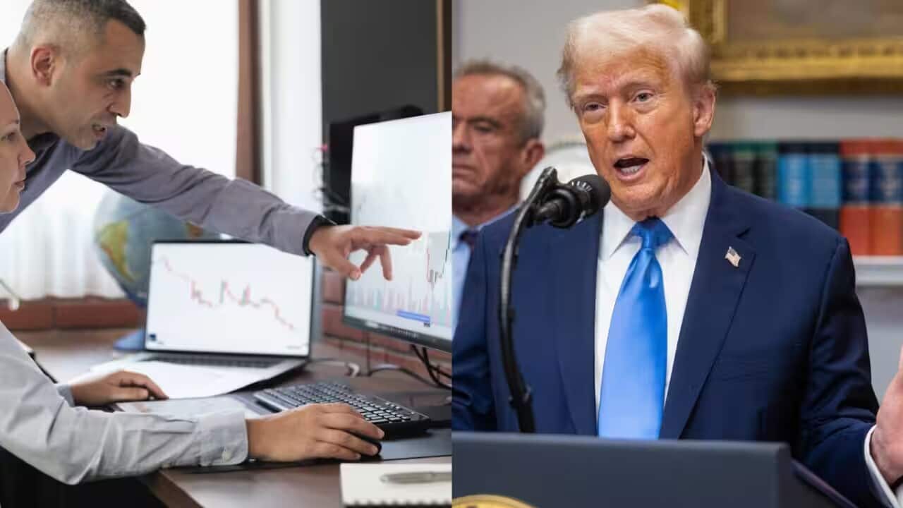 On the left, two workers gesture at a computer screen. On the right, Trump speaks.