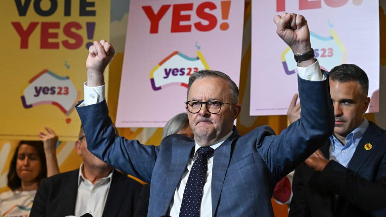 Anthony Albanese raises his arms at a Yes rally.