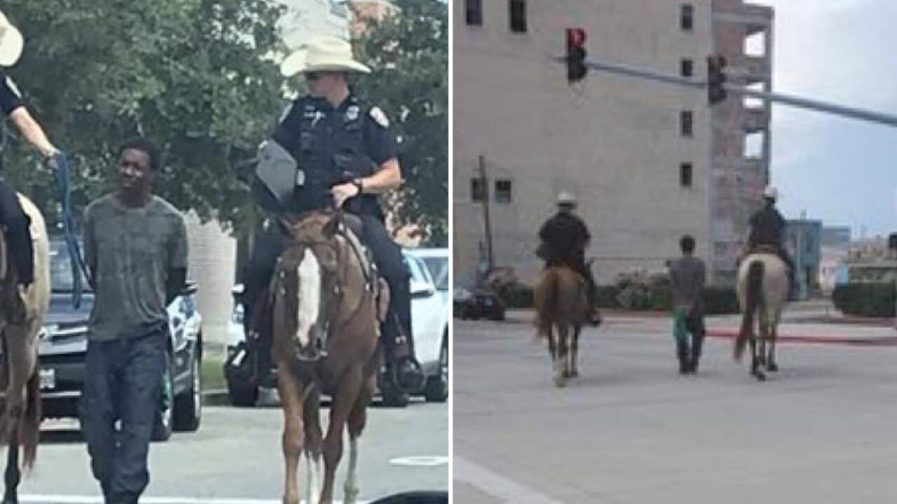 Mounted police officers led homeless father Donald Neely through Galveston, Texas with rope.