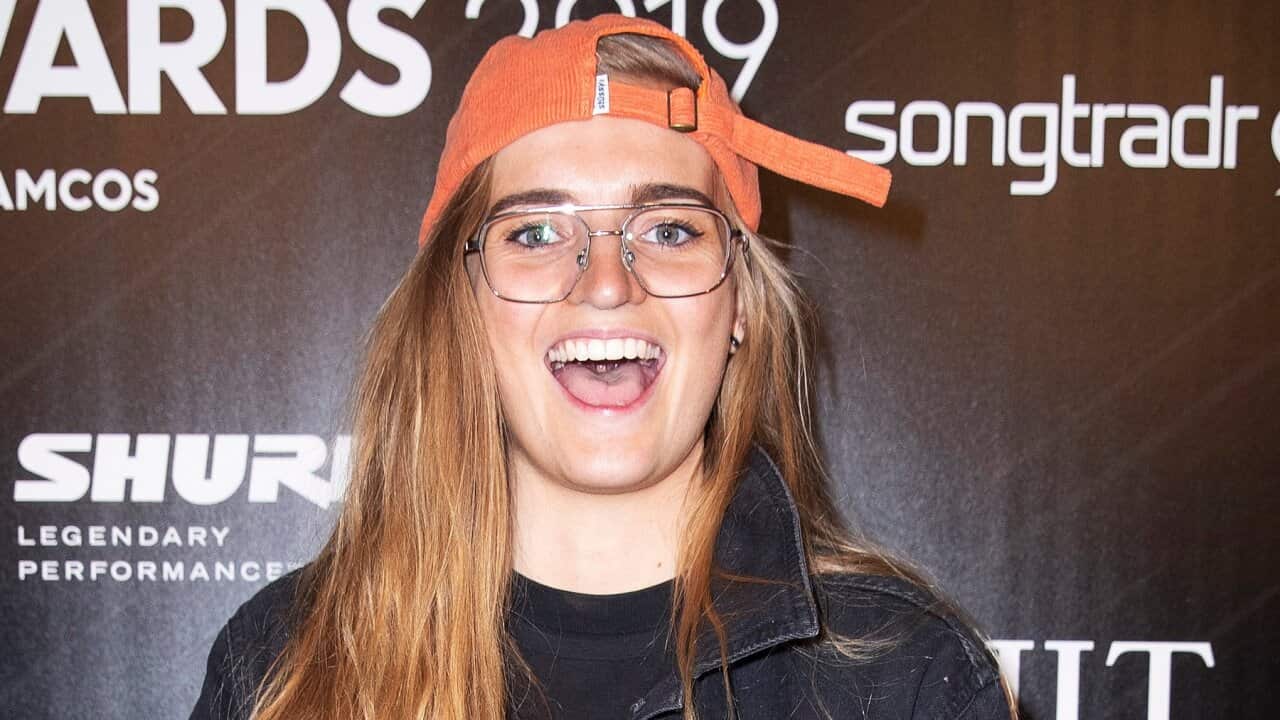 Georgia Flipo, also known as G Flip, poses for a photograph on the red carpet of the APRA Music Awards in Melbourne, Tuesday, April 30, 2019. (AAP Image/Daniel Pockett) NO ARCHIVING