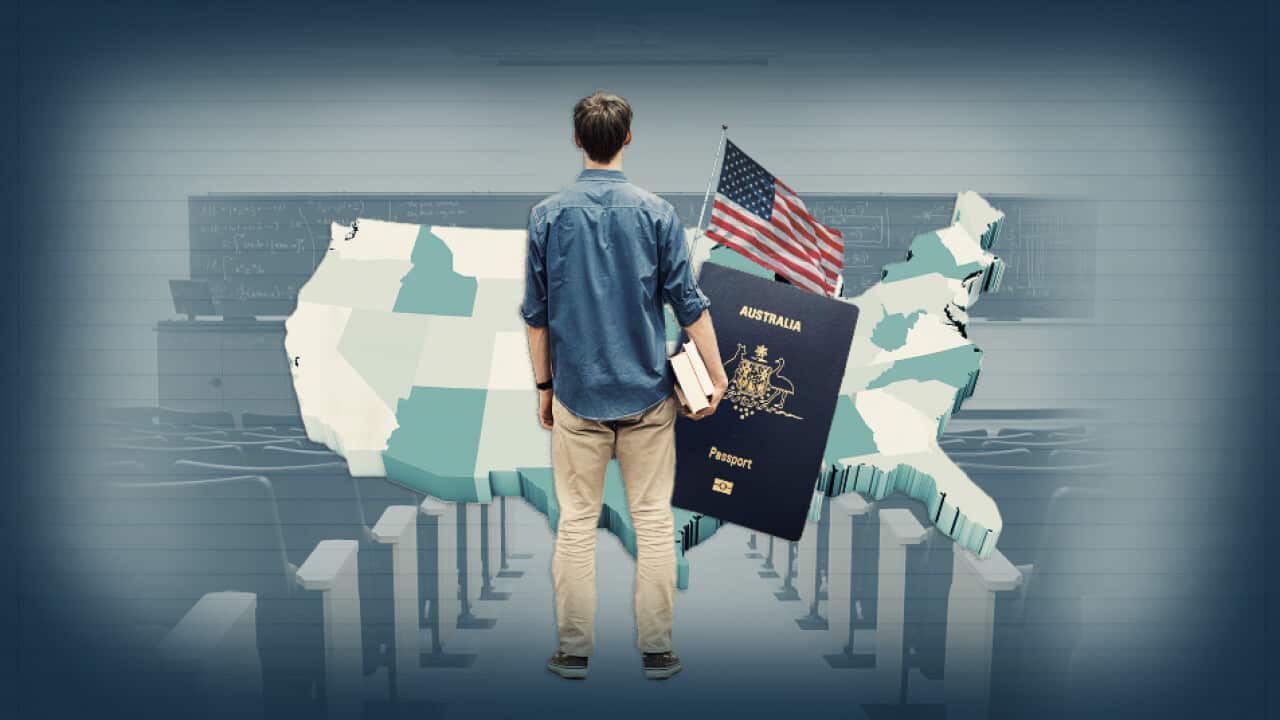 A composite image of a man standing in front of a map of America with an Australian passport and an American flag