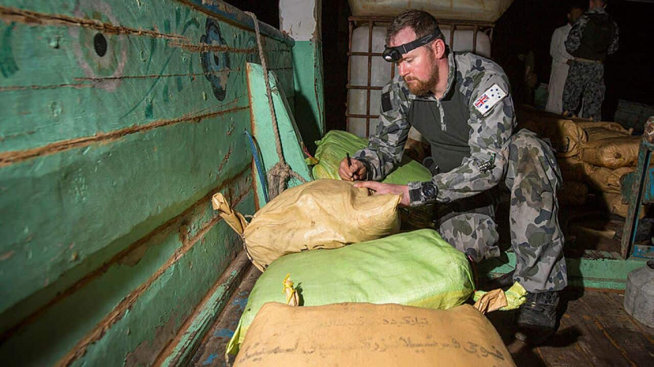 HMAS Warramunga intercepted and boarded a suspect vessel in international waters in the Arabian Sea on 03 January 2018.