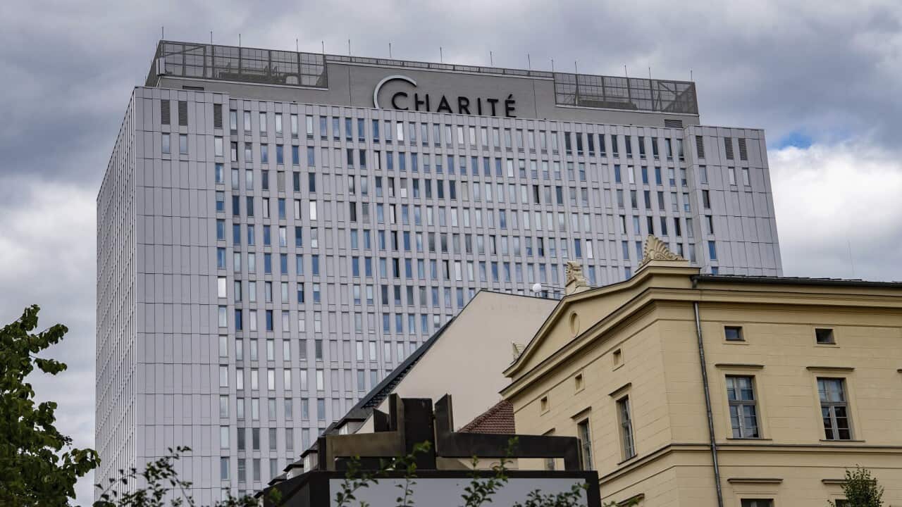 An exterior view of the Charite hospital in Berlin, Germany