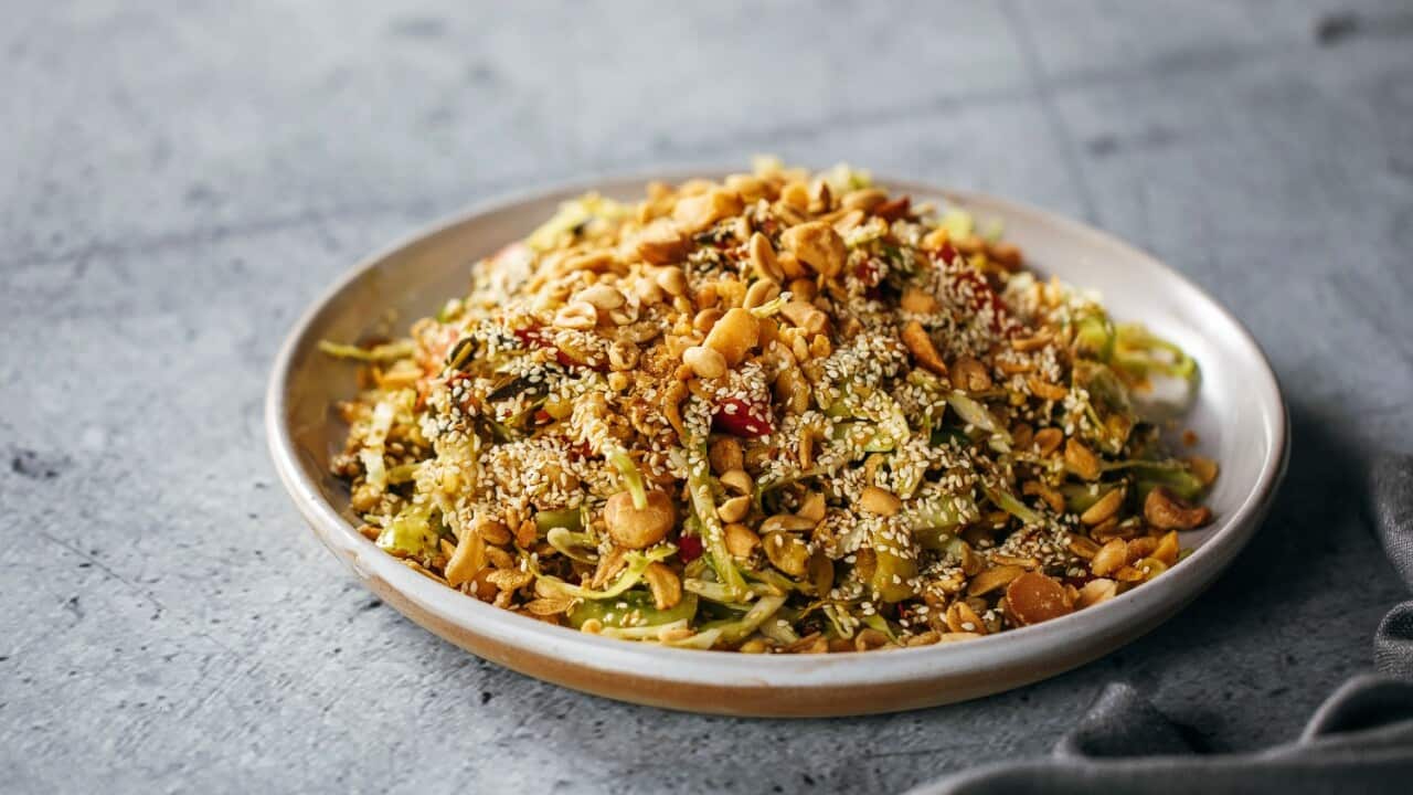 Laphat thoke (green tea leaf salad) SBS The Cook Up with Adam Liaw