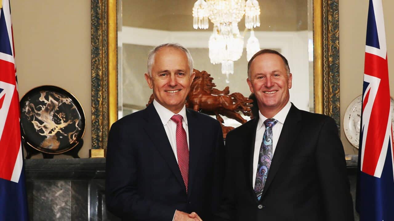 Australian PM Malcolm Turnbull is welcomed by New Zealand PM John Key