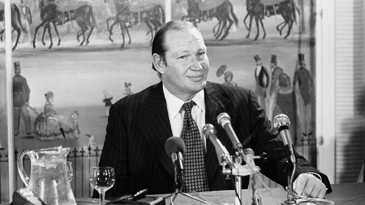 Kerry Packer at the World-Series Cricket Press Conference, Dorchester Hotel, London.