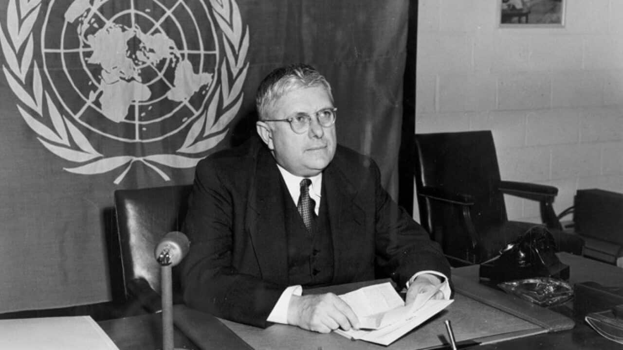 Dr H V Evatt at the United Nations in 1949 (National Archives of Australia)