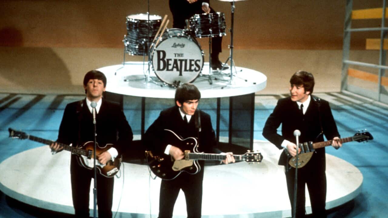 The Beatles perform on the CBS "Ed Sullivan Show" in New York. 
