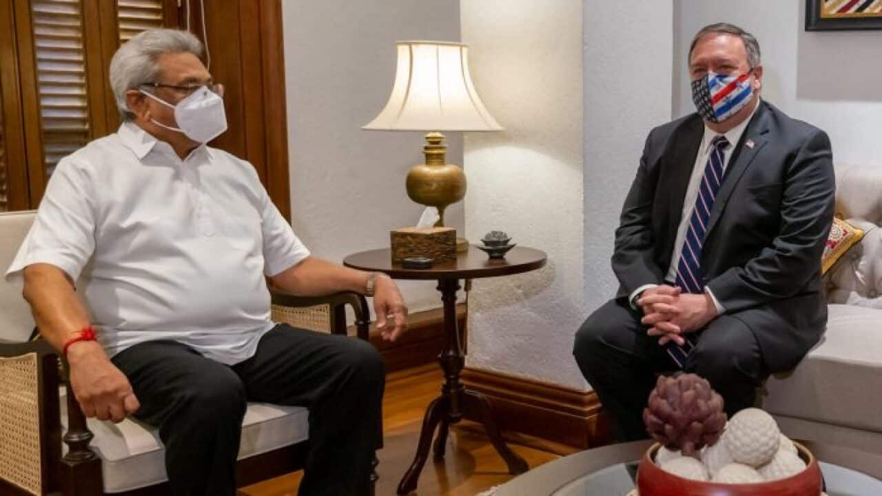 US Secretary of State Mike Pompeo (right) meets Sri Lankan President Gotabaya Rajapaksa Wednesday
