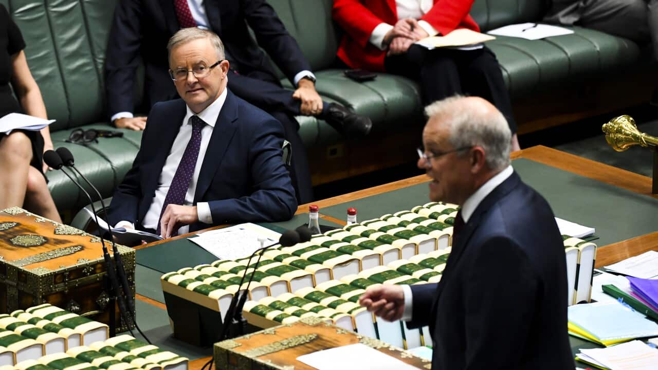 Australian Opposition Leader Anthony Albanese (left) listens to Australian Prime Minister Scott Morrison during House of Representatives Question Time at Parliament House in Canberra, Wednesday, May 26, 2021. (AAP Image/Lukas Coch) NO ARCHIVING