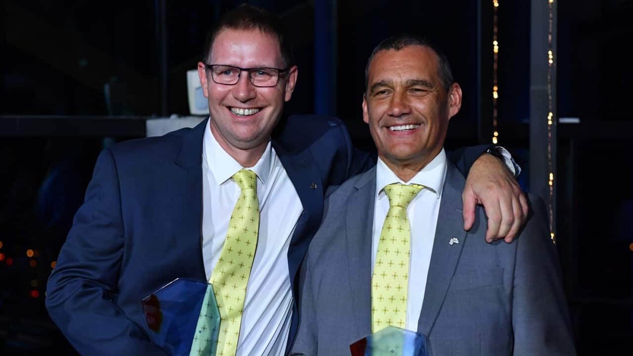 2019 Australians of the Year Dr Richard Harris and Craig Challen pose for photos at the 2019 Australian of the Year Awards at The National Arboretum in Canberra, Friday, January 25, 2019. (AAP Image/Mick Tsikas) NO ARCHIVING