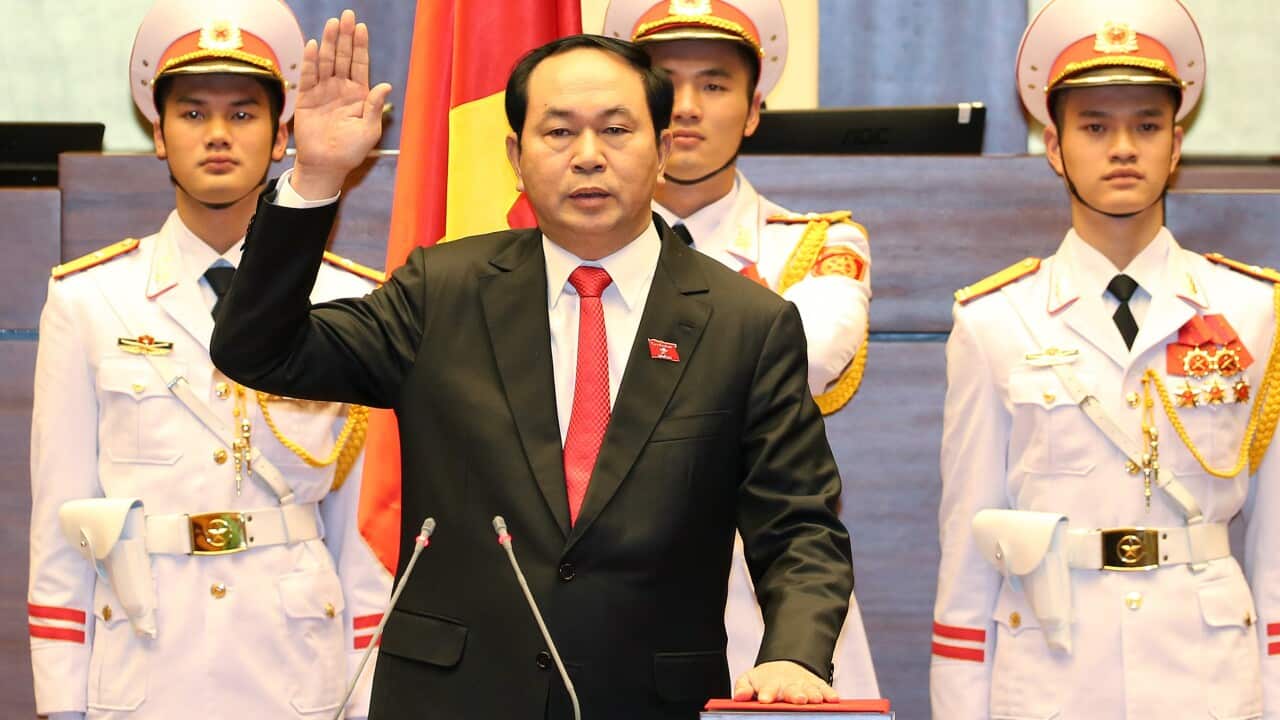 New Vietnamese President Tran Dai Quang takes the oath of office after being elected as the head of state in Hanoi, Vietnam. (AP)