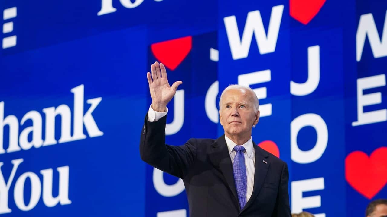US President Joe Biden smiling waving, with text in the background that reads "Thank you Joe", along with red hearts.