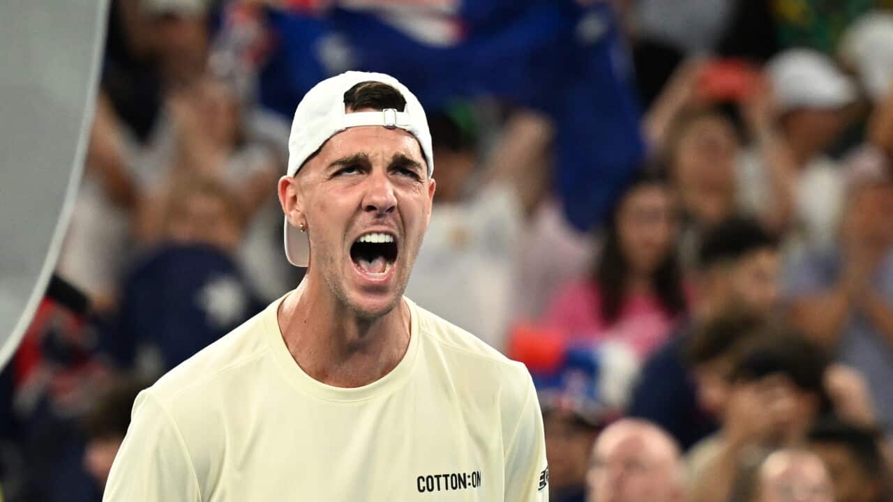 Thanasi Kokkinakis of Australia celebrates match point during his round 1 win over Sebastian Ofner of Austria on Day 3 of the 2024 Australian Open at Melbourne Park in Melbourne, Tuesday, January 16, 2024.