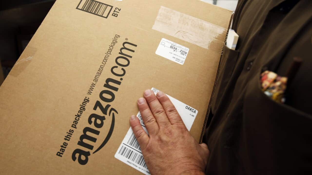 Amazon.com package is prepared for shipment in California.