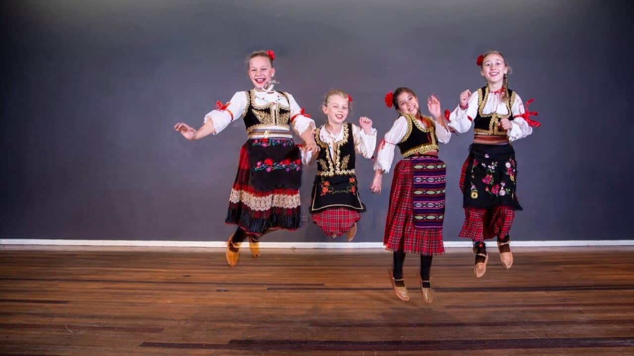 Kids from the Serbian folkloric ensemble in Bonnyrigg wearing traditional Serbian costumes