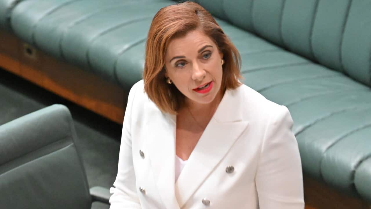 Una mujer que lleva una chaqueta blanca habla en el parlamento.